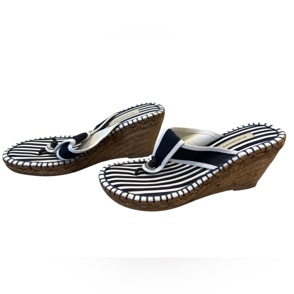 Burberry Women’s‎ Vintage Navy Blue White Nautical Stripe Rattan Wedges Size 35 - Picture 3 of 6